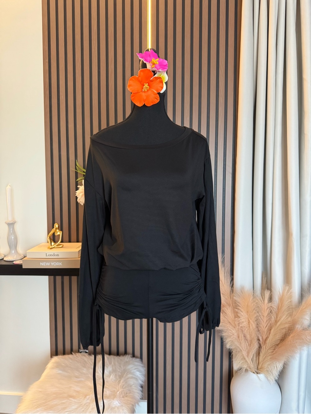 Women's Black Long-Sleeve Ruched Jumpsuit